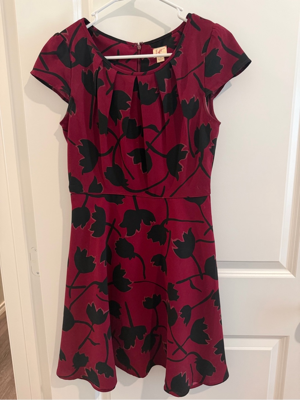 LOFT Wine and Black Floral Fit-and-Flare Dress